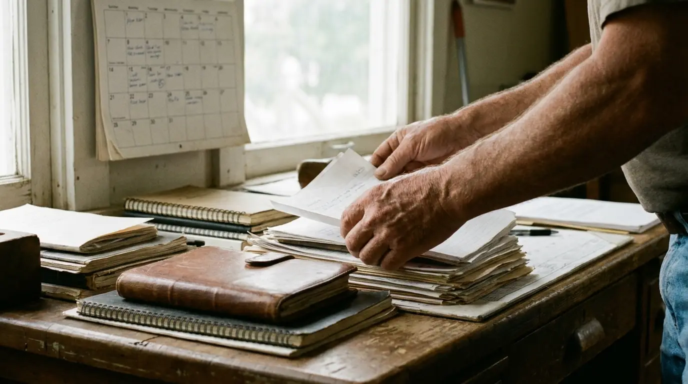 Hands organizing paperwork and a planner