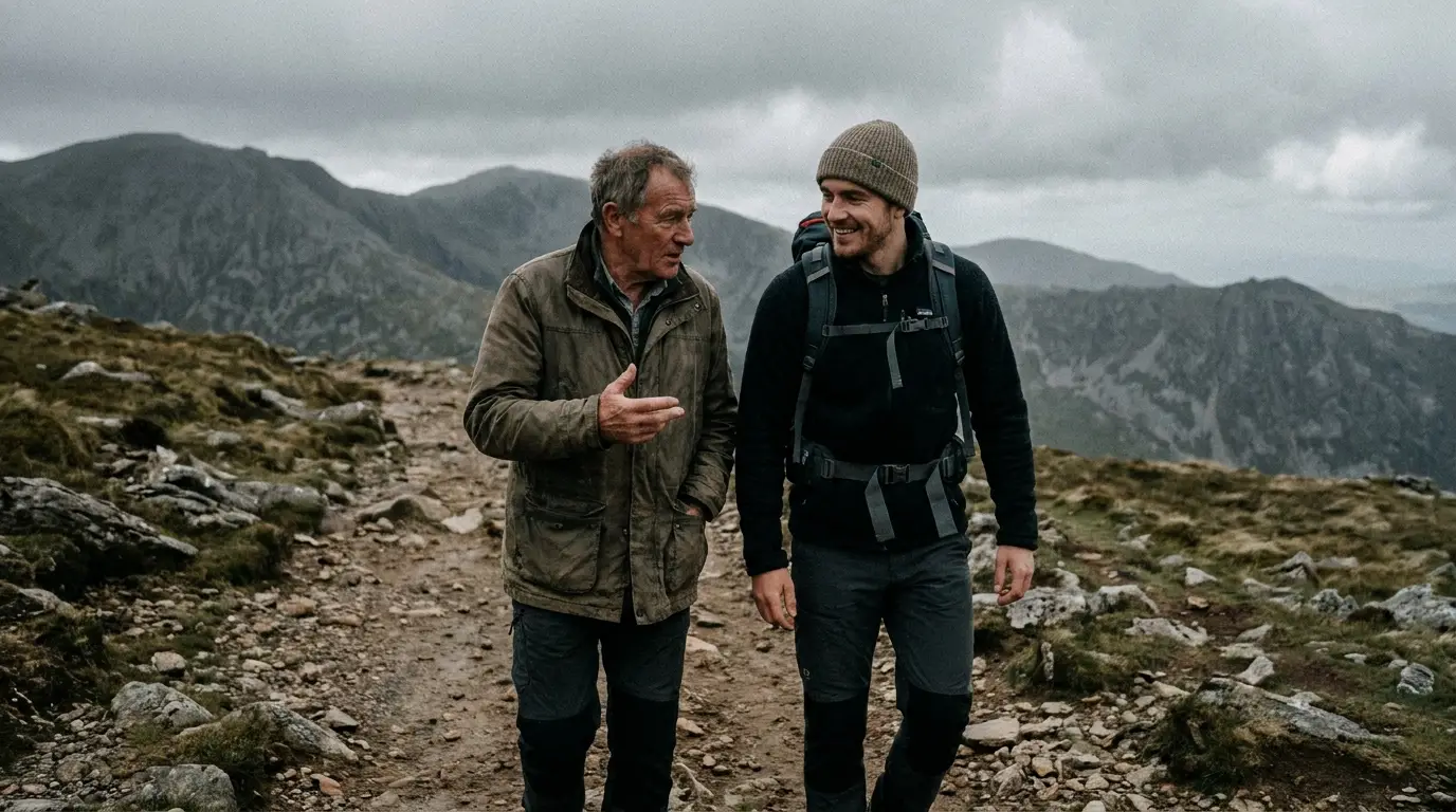 Two men walking and talking outdoors