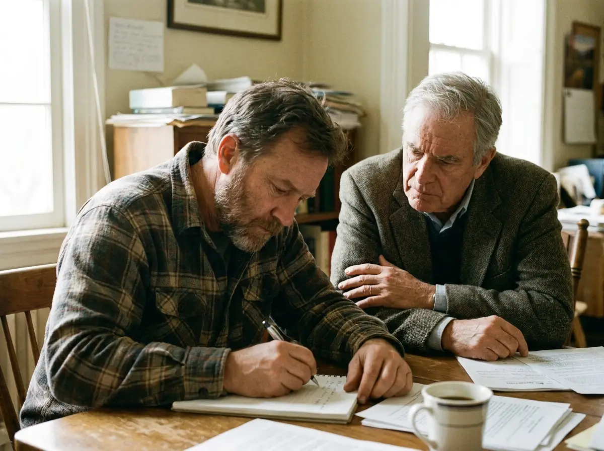 A man writing goals in a notebook with an older mentor beside him